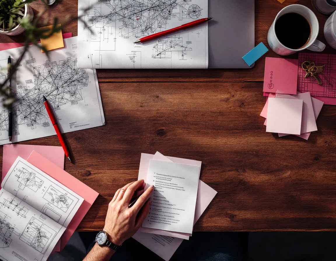 Overhead view of a desk with network diagrams, brass keys and a red pen