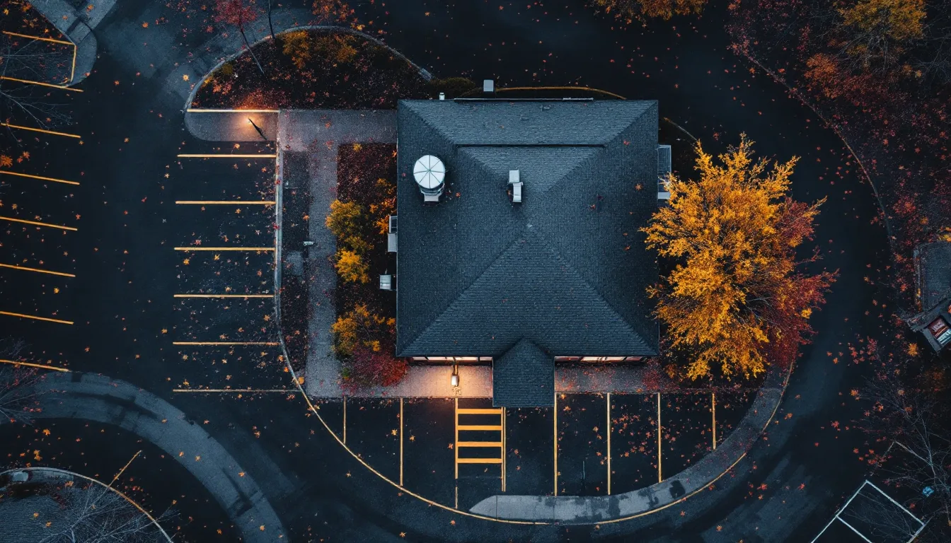 Aerial view of a small clinic roof and parking lot in autumn